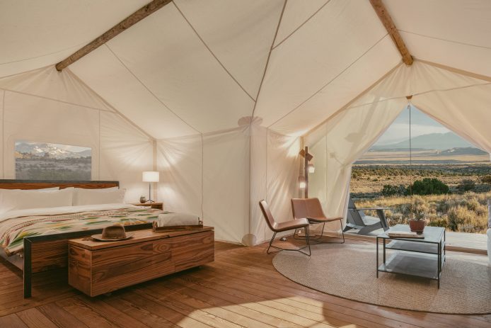 Interiors of the safari tents at the ULUM hotel by Under Canvas in Moab, Utah