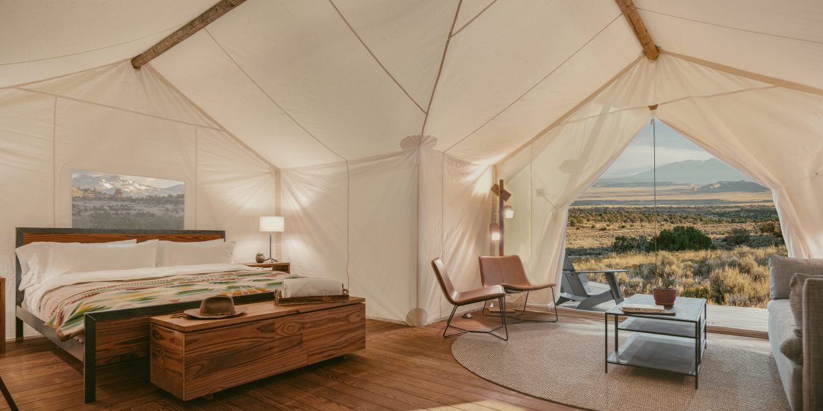 Interiors of the safari tents at the ULUM hotel by Under Canvas in Moab, Utah