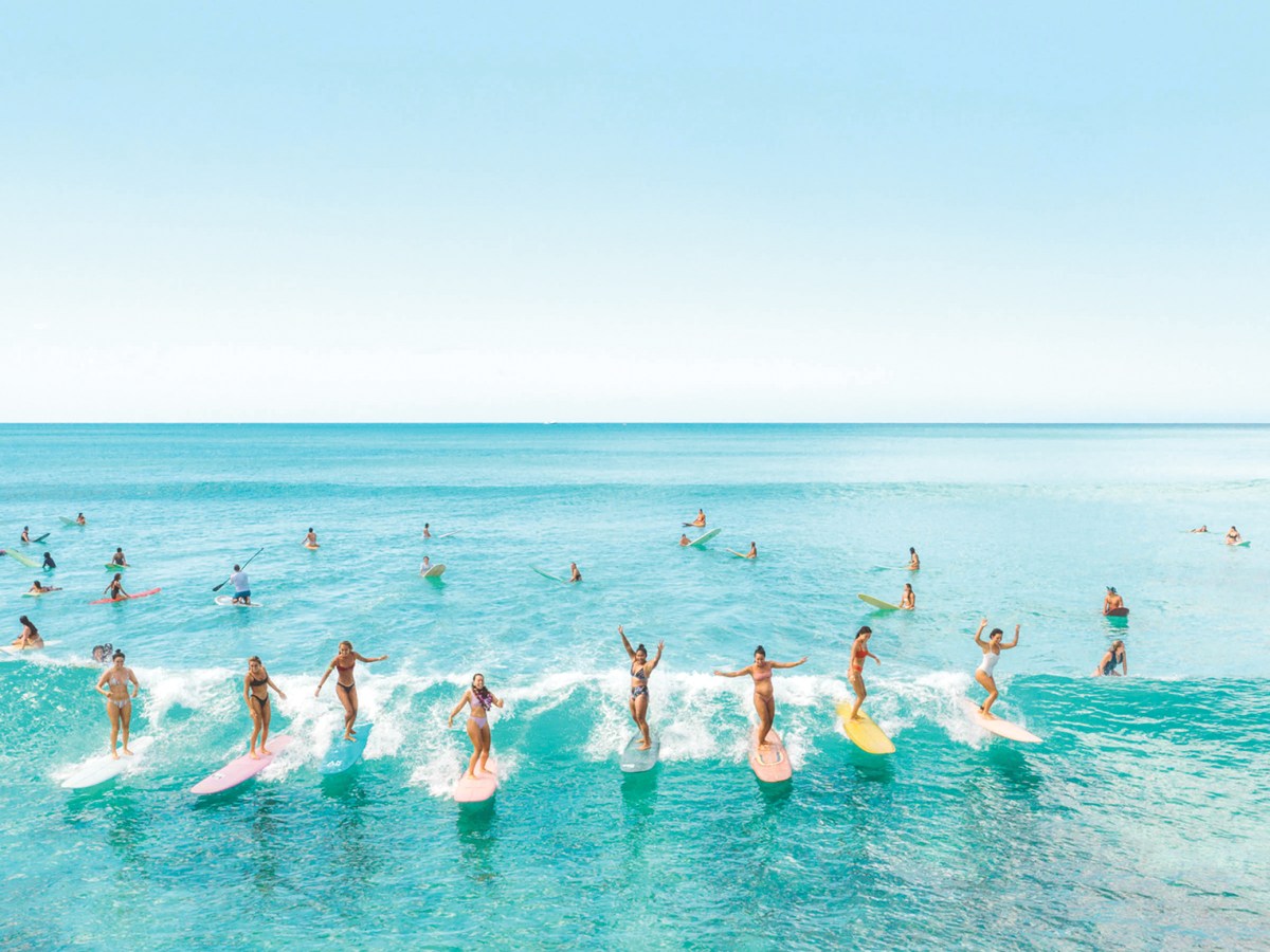 Line of Surfers at Kaimana Beach Hotel