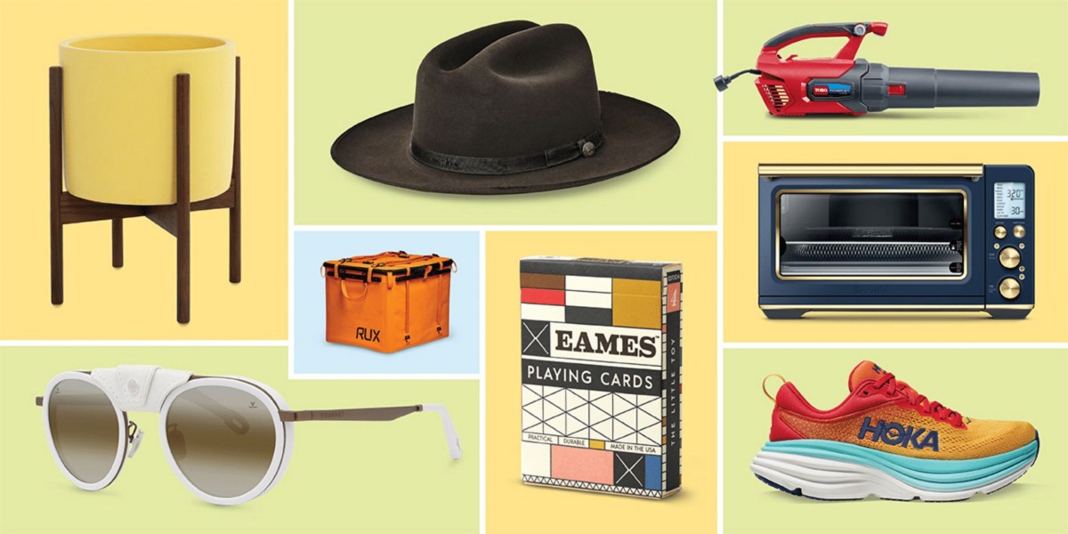 Collage of various products, including Eames playing cards and a pair of Hoka shoes.