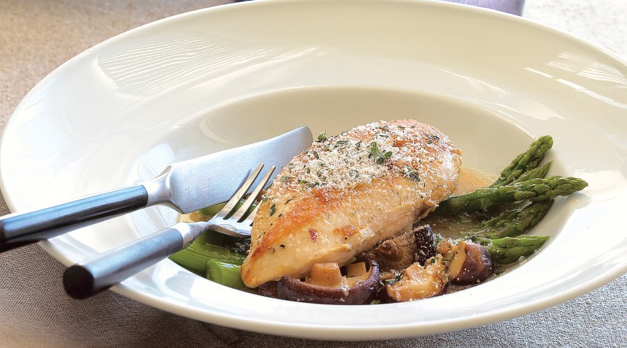 Pan-roasted chicken with asparagus and shiitakes