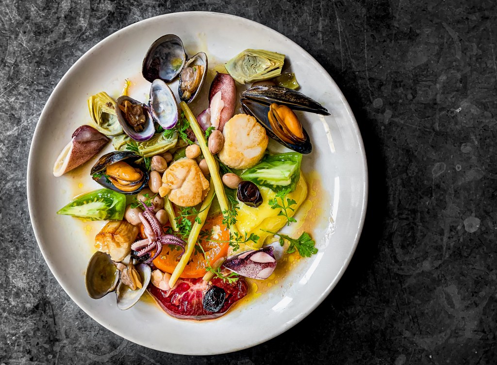 Aerial shot of a seafood dish from Foreign Cinema