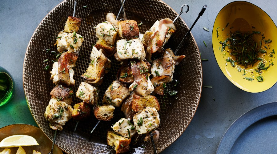 Halibut Kebabs with Grilled Bread and Pancetta