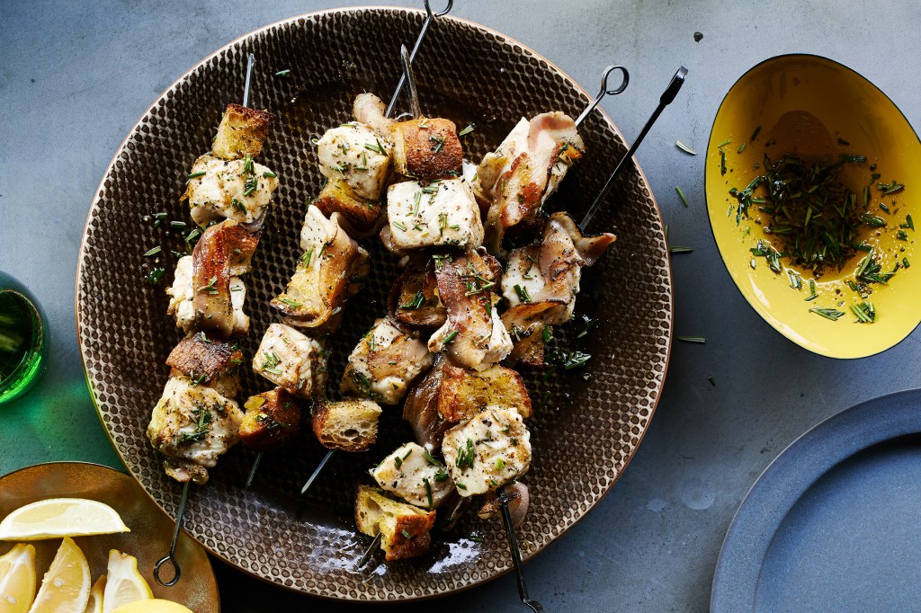 Halibut Kebabs with Grilled Bread and Pancetta