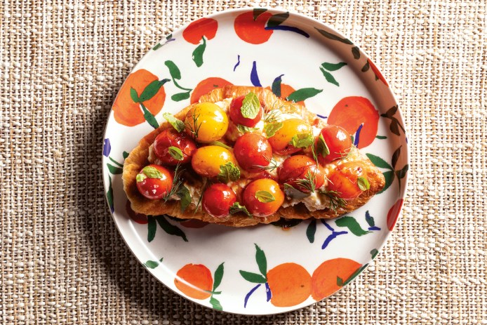 Croissant Toasts with Hot Honey Tomatoes and Whipped Ricotta
