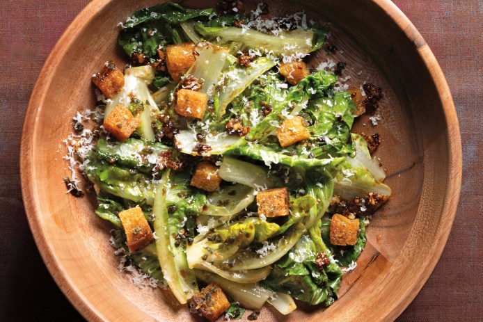Sauteed Caesar Salad with Anchovy Croutons