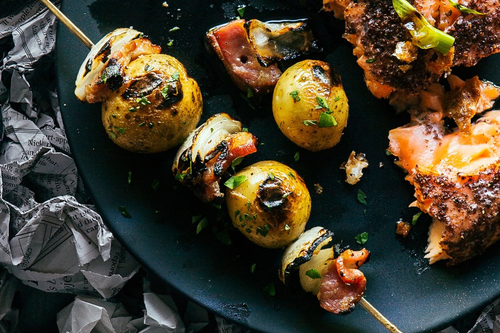 Grilled Potato, Onion, and Bacon Skewers
