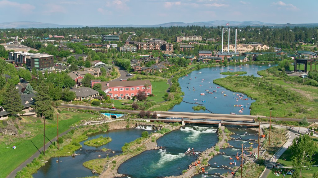 Drone Shot of Bend, Oregon from Whitewater Park to the Old Mill District