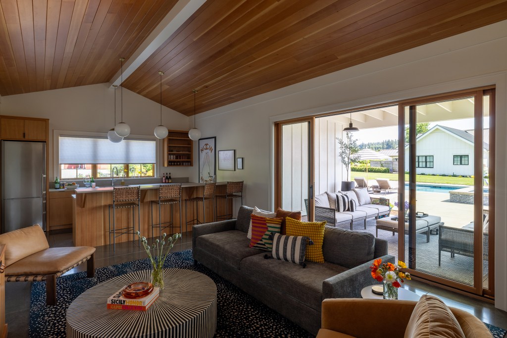 Great Room Sliding Doors Pool House ADU by Anne Holbrook Interior Design