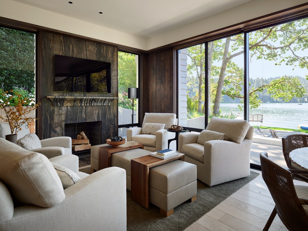 Living Area PNW Lake House by Philpotts Interiors