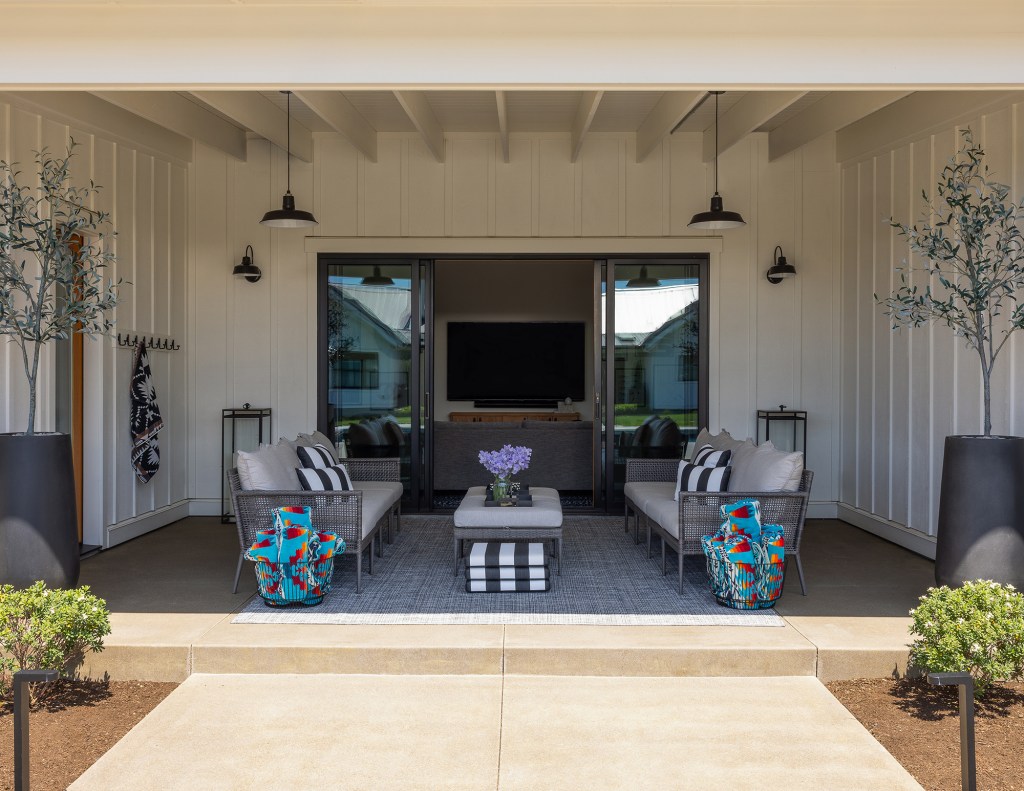 Outdoor Living Room Pool House ADU by Anne Holbrook Interior Design
