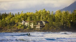 Wickaninnish Inn Exterior Pointe Building and Ocean with Surfers