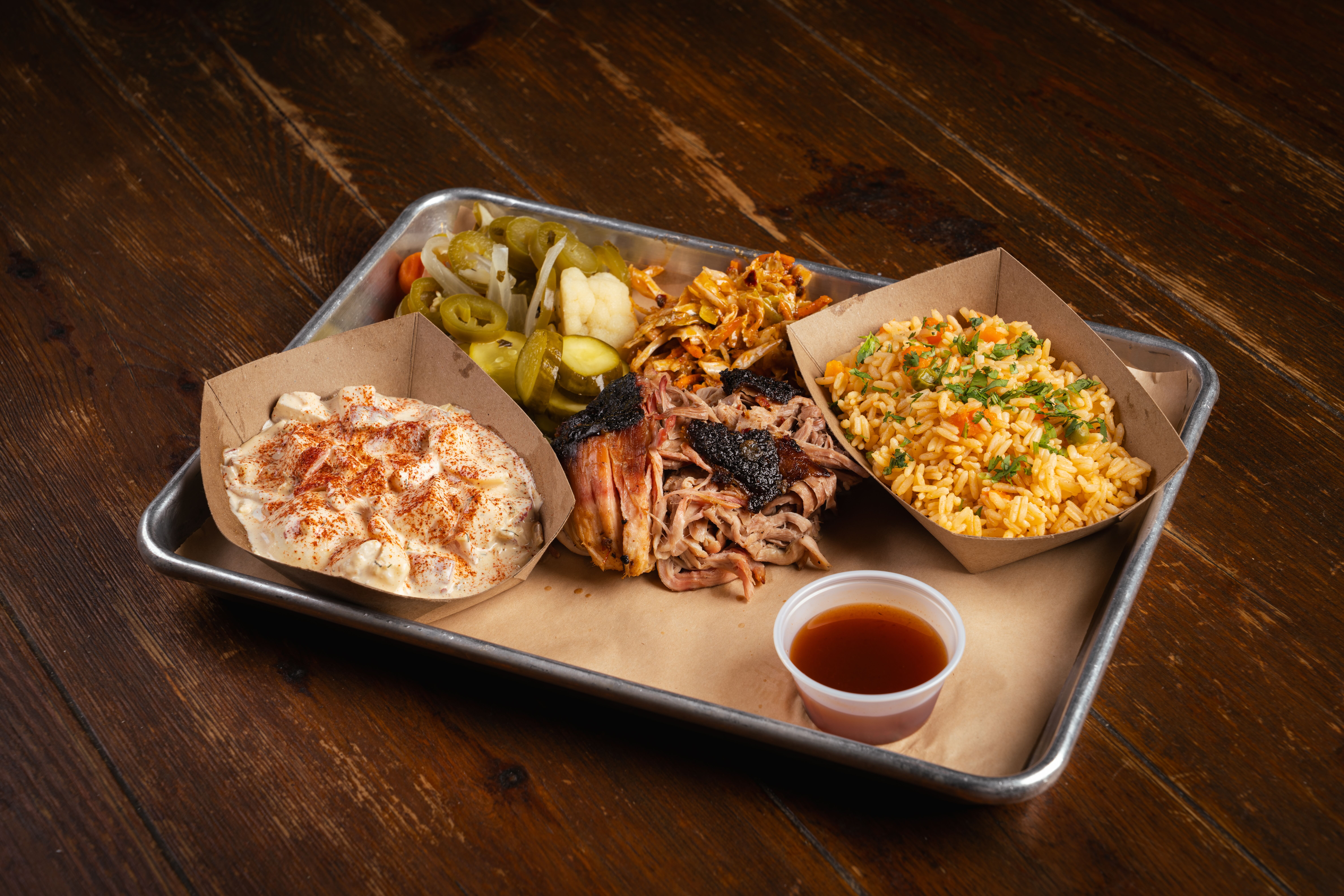 pulled-pork-potato-salad-and-mexican-rice-on-side