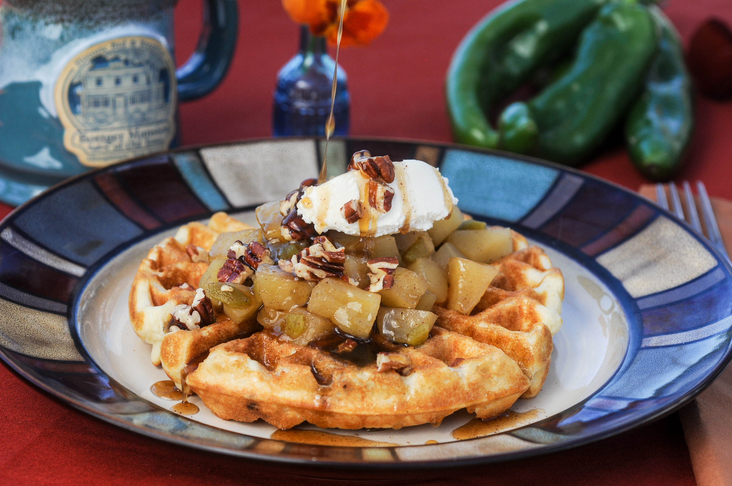 yeasted-waffles-with-sauteed-apple-and-green-chile-mascarpone-pecans-and-warm-brown-butter-syrup
