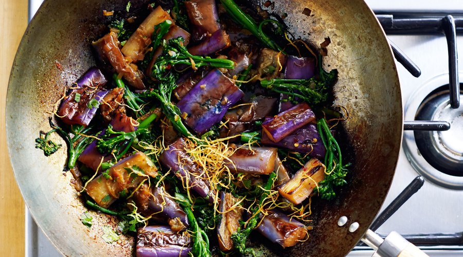 Braised Eggplant and Broccolini with Fried Ginger