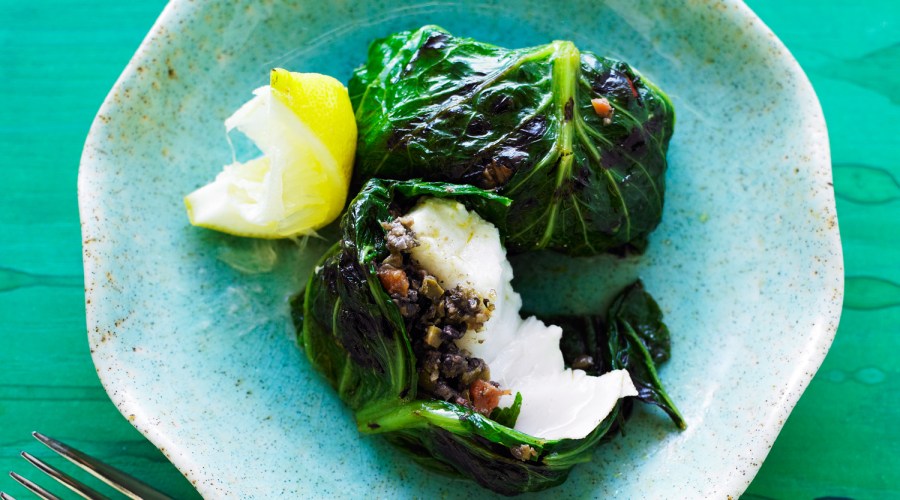 Grilled Halibut, Lettuce, and Tapenade Bundles