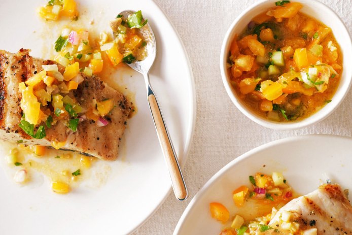 Grilled Halibut with Tomato, Green Olive, and Celery Sauce
