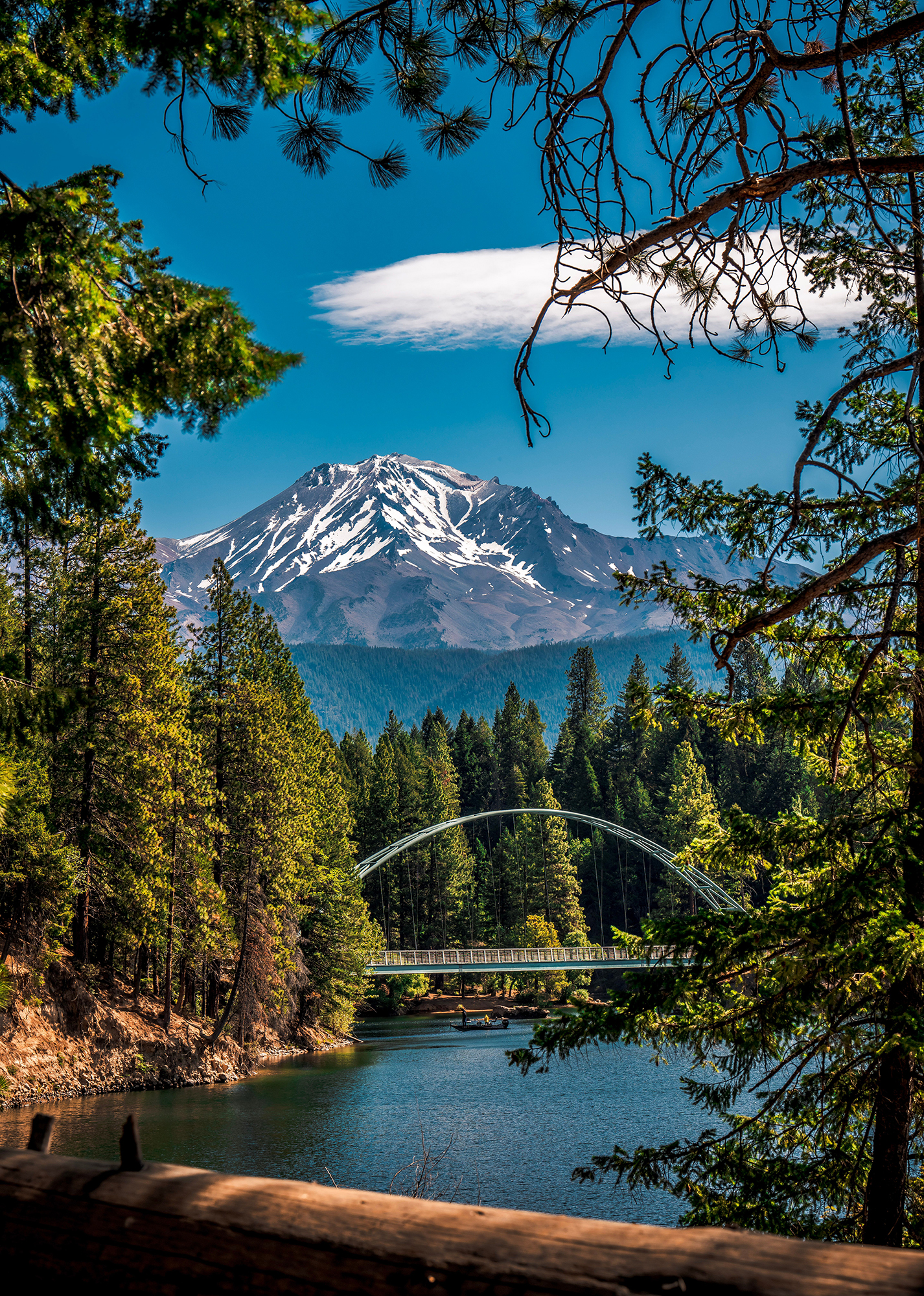 Lake Siskiyou Wagon Creek Pedestrian Bridge with Mount Shasta in the background