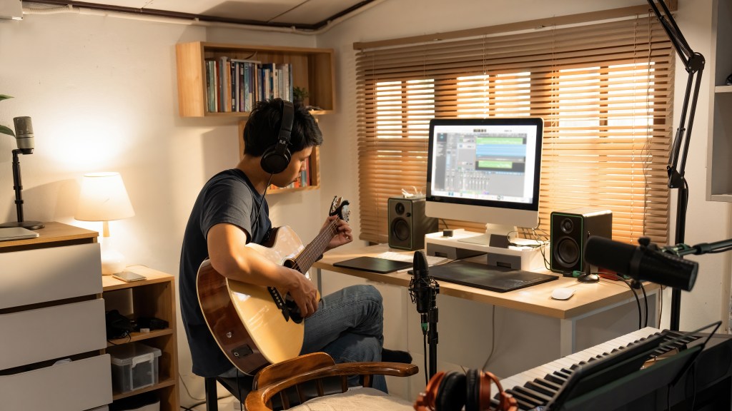 A man wearing headphones plays an acoustic guitar in a home music studio with microphones, speakers, a keyboard, and a computer.