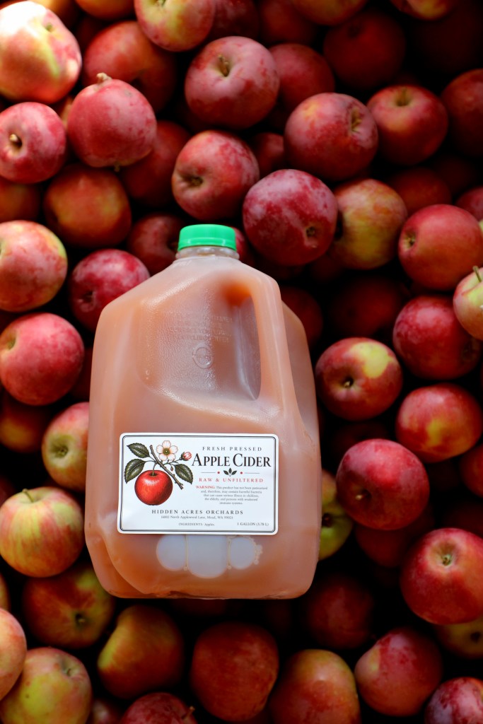 Hidden Acres Orchards apple cider jug