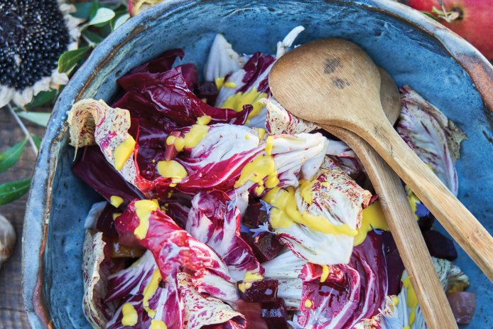 Chicory and Beet Salad with Champagne Vinaigrette and Saffron Aioli Drizzle