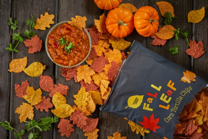 Trader Joe's leaf corn tortilla chips along a salsa bowl.
