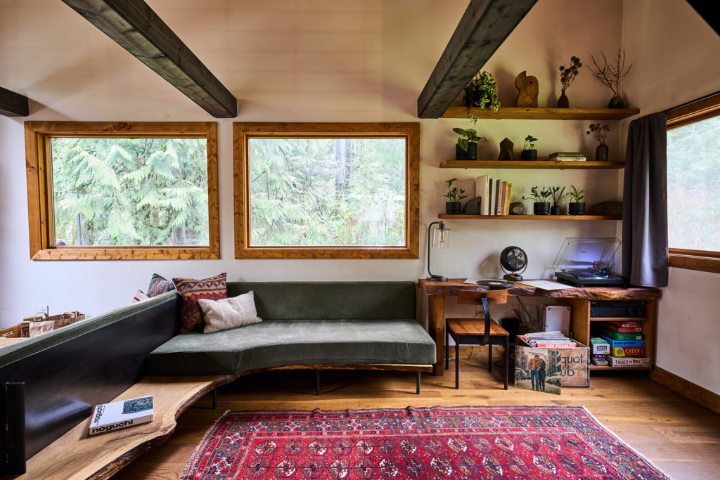 Living room with rug and green couch