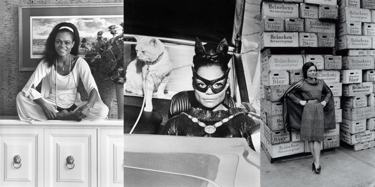 Eartha Kitt sitting on cabinet, Eartha Kitt as Catwoman and Eartha Kitt in front of Heineken crates