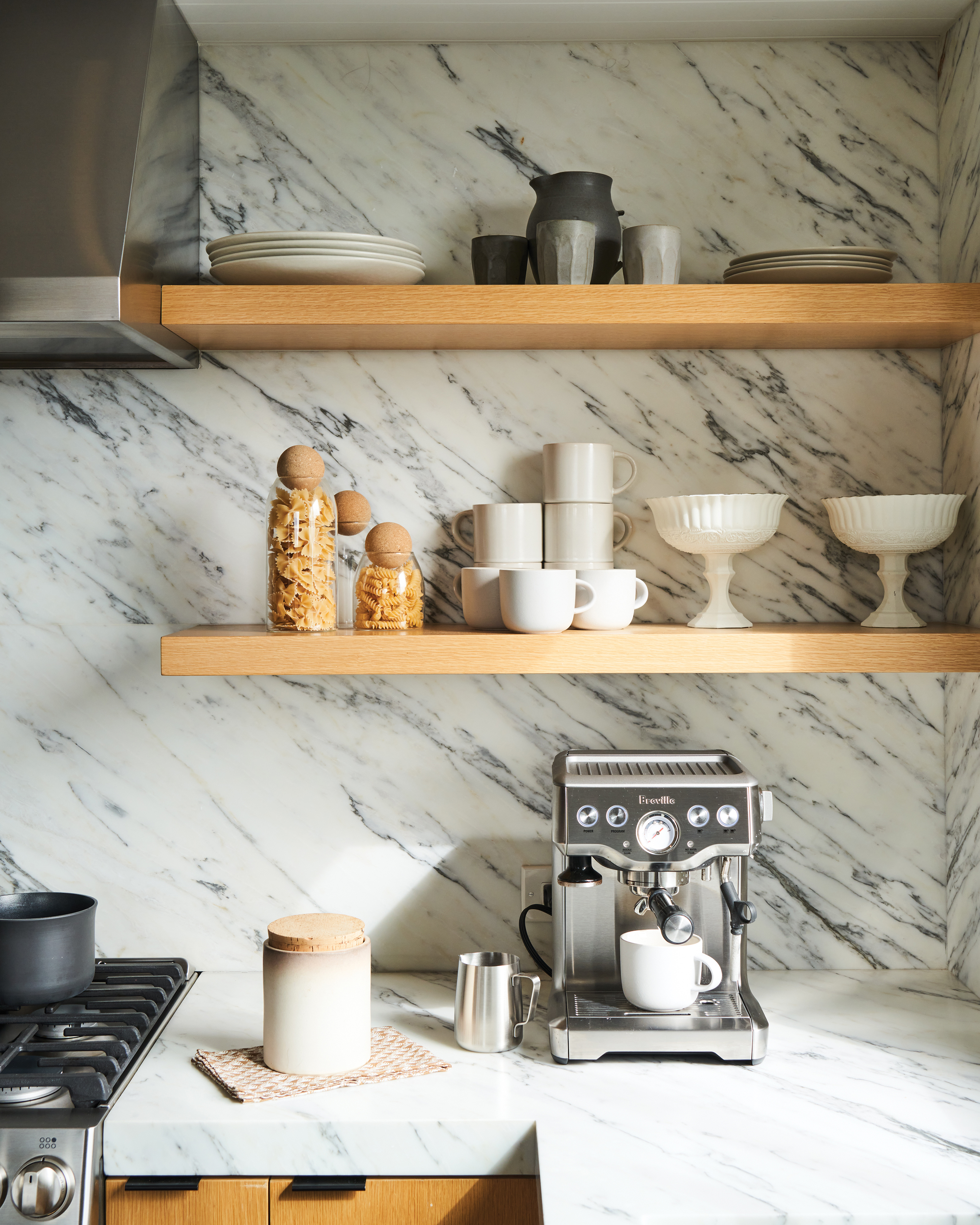 Kitchen open shelves with coffee bar