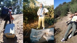 A triptych of images showing assistant editor Magdalena O'Neal lugging a cooler up a dirt trail, fiddling with a tent, and collapsed on a camp chair.