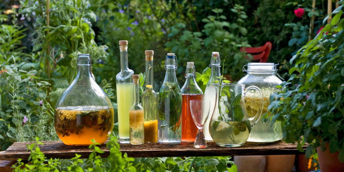 bottles and carafes with vinegar and oil