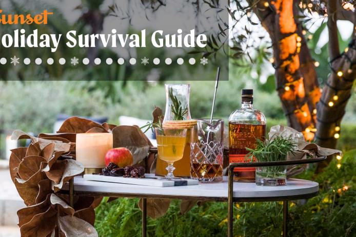 Sunset Holiday Survival Guide logo with holiday bar cart