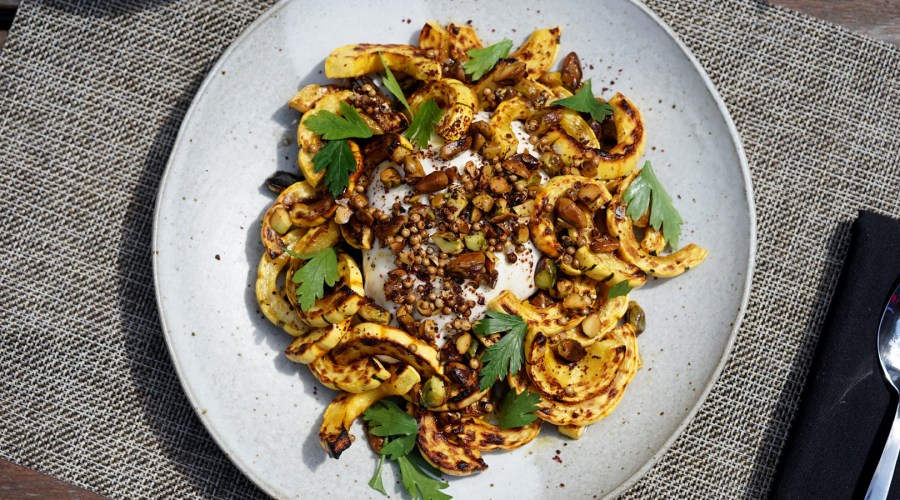 Delicata Squash with Burrata and Toasted Pistachios