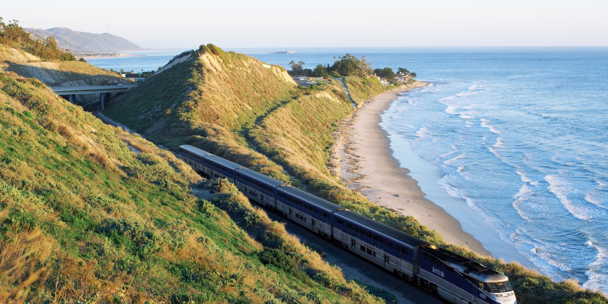 Train along the coast near San Clemente, California