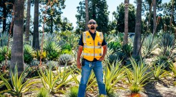 Chaz Perea in field of succulents at Dodgers stadium garden