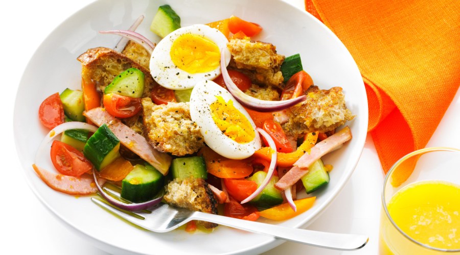 Bacon, Egg, and Toast Salad with OJ Dressing