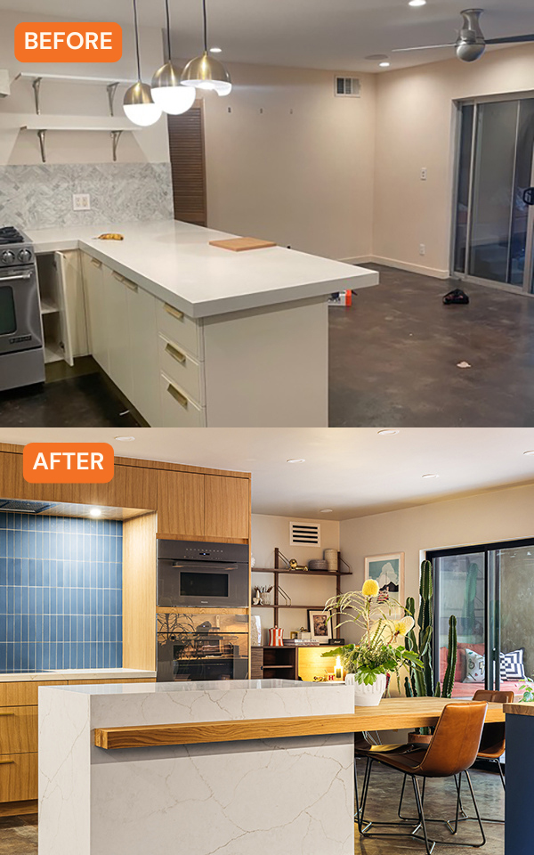 Before & After Kitchen Island in Silver Lake Kitchen by Kevin Grace Design