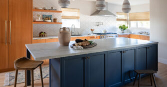 Blue Kitchen Island in San Diego Bungalow by Keri Michelle Interiors