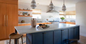 Blue Kitchen Island in San Diego Bungalow by Keri Michelle Interiors