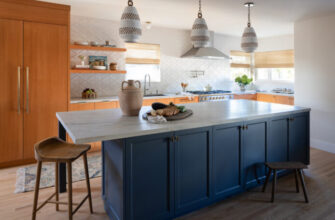 Blue Kitchen Island in San Diego Bungalow by Keri Michelle Interiors