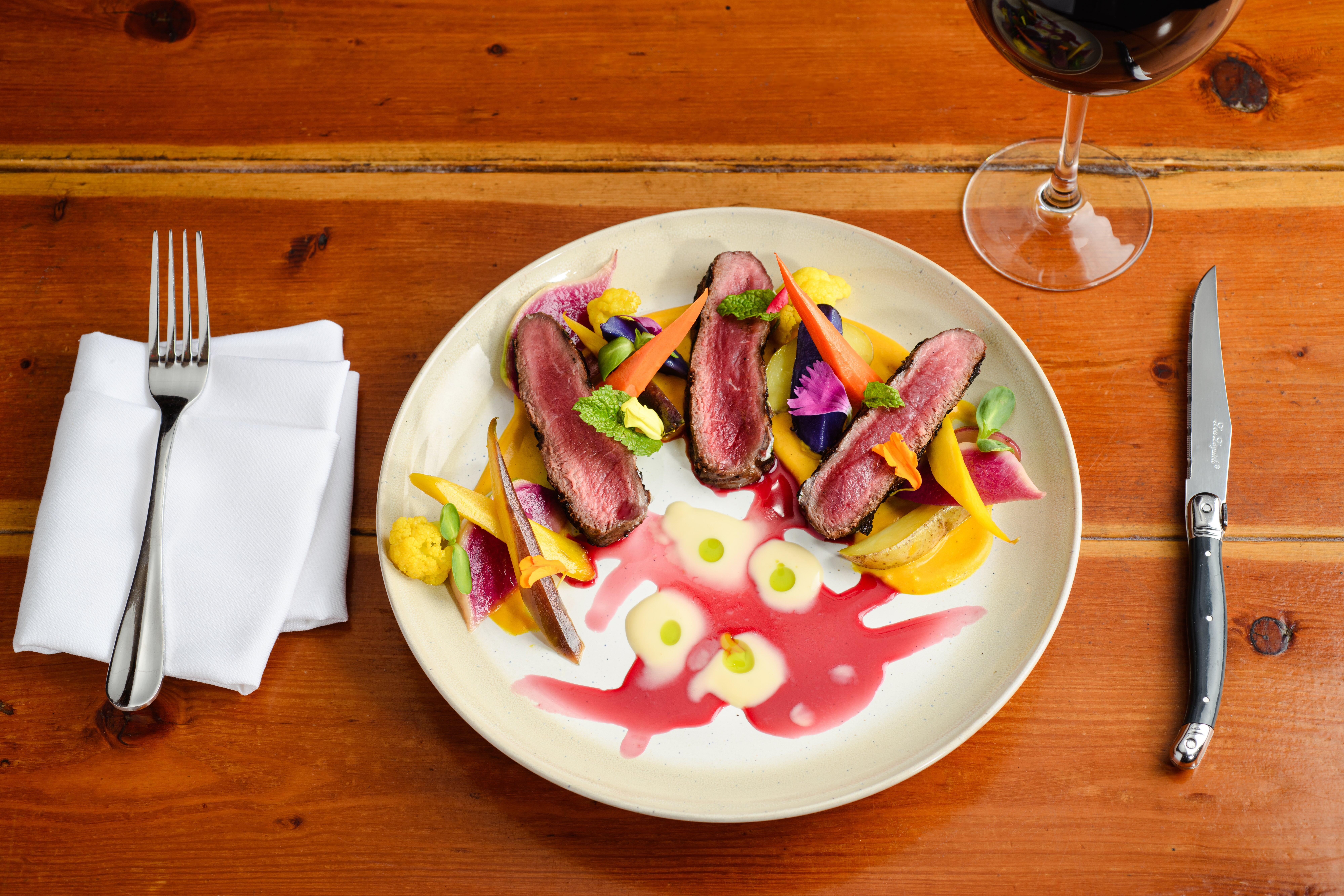 peppermint-grilled-elk-loin-pomegranate-elderberry-ginger-infusion-roasted-winter-veg-butternut-squash-vanilla-bean-puree