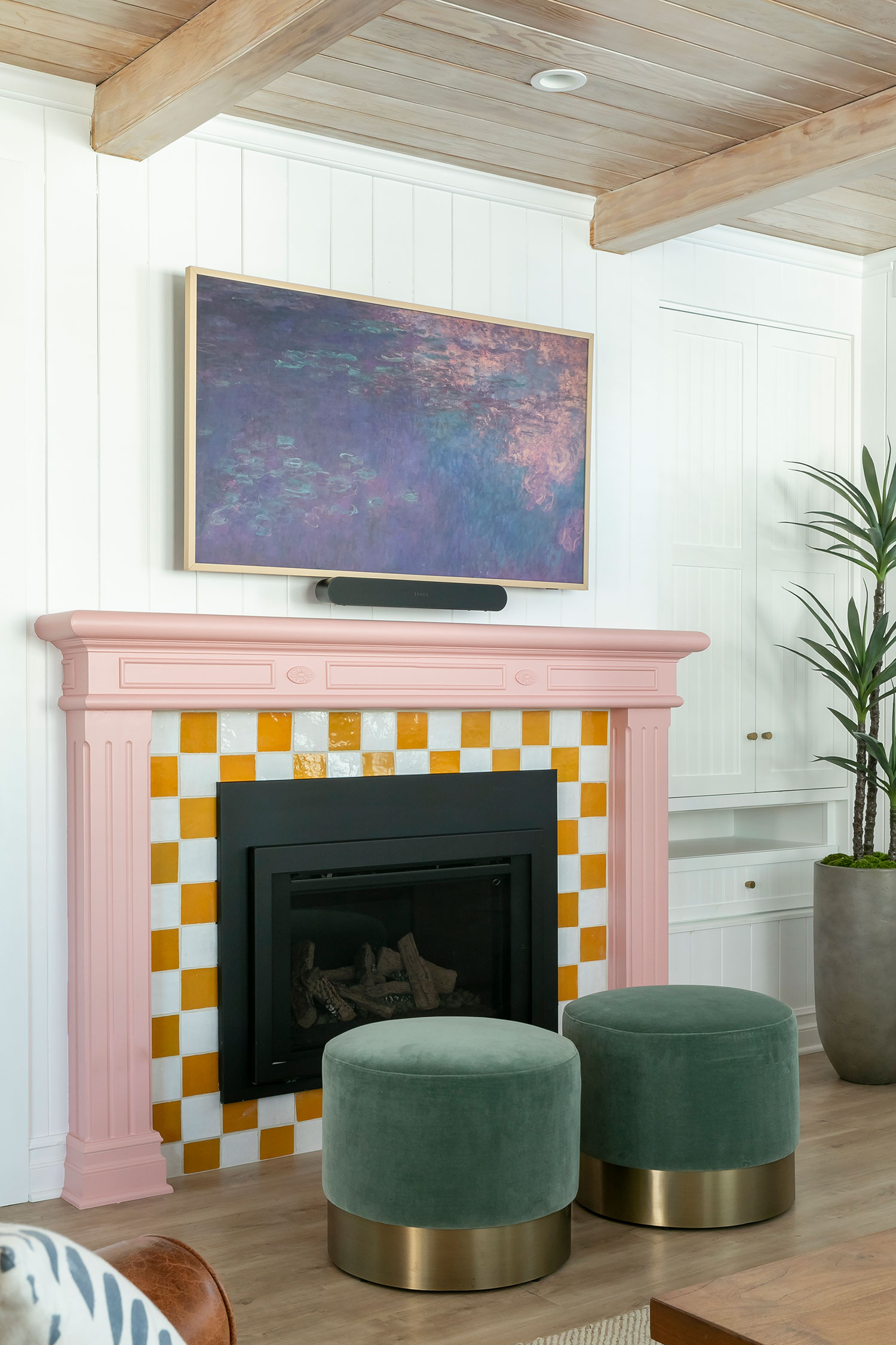 Bonus Room Fireplace in Balboa Island Cottage by Blackband Design