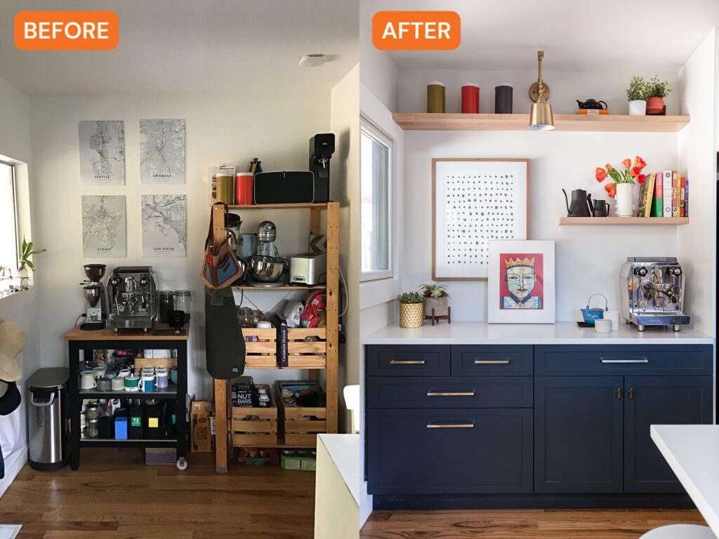 Coffee Bar Before and After in San Diego Kitchen by Blythe Interiors