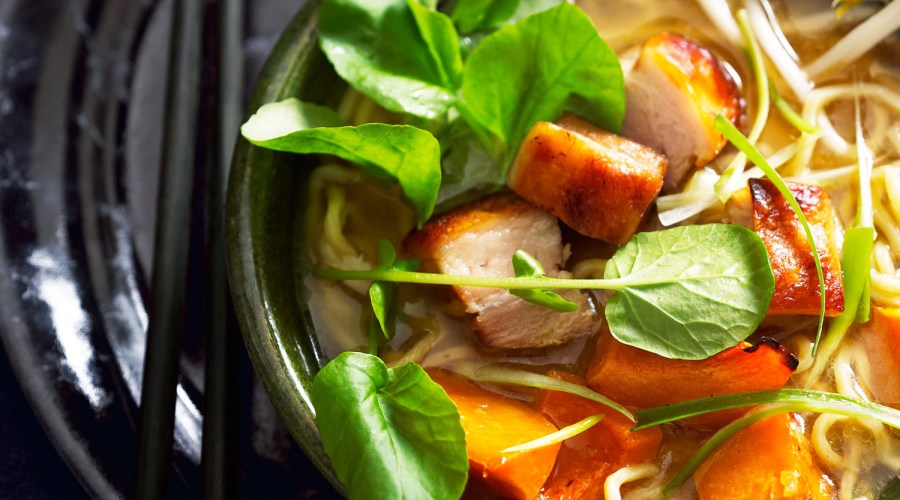 Ramen with Ginger ​Roasted Squash and ​Crispy Pork Belly