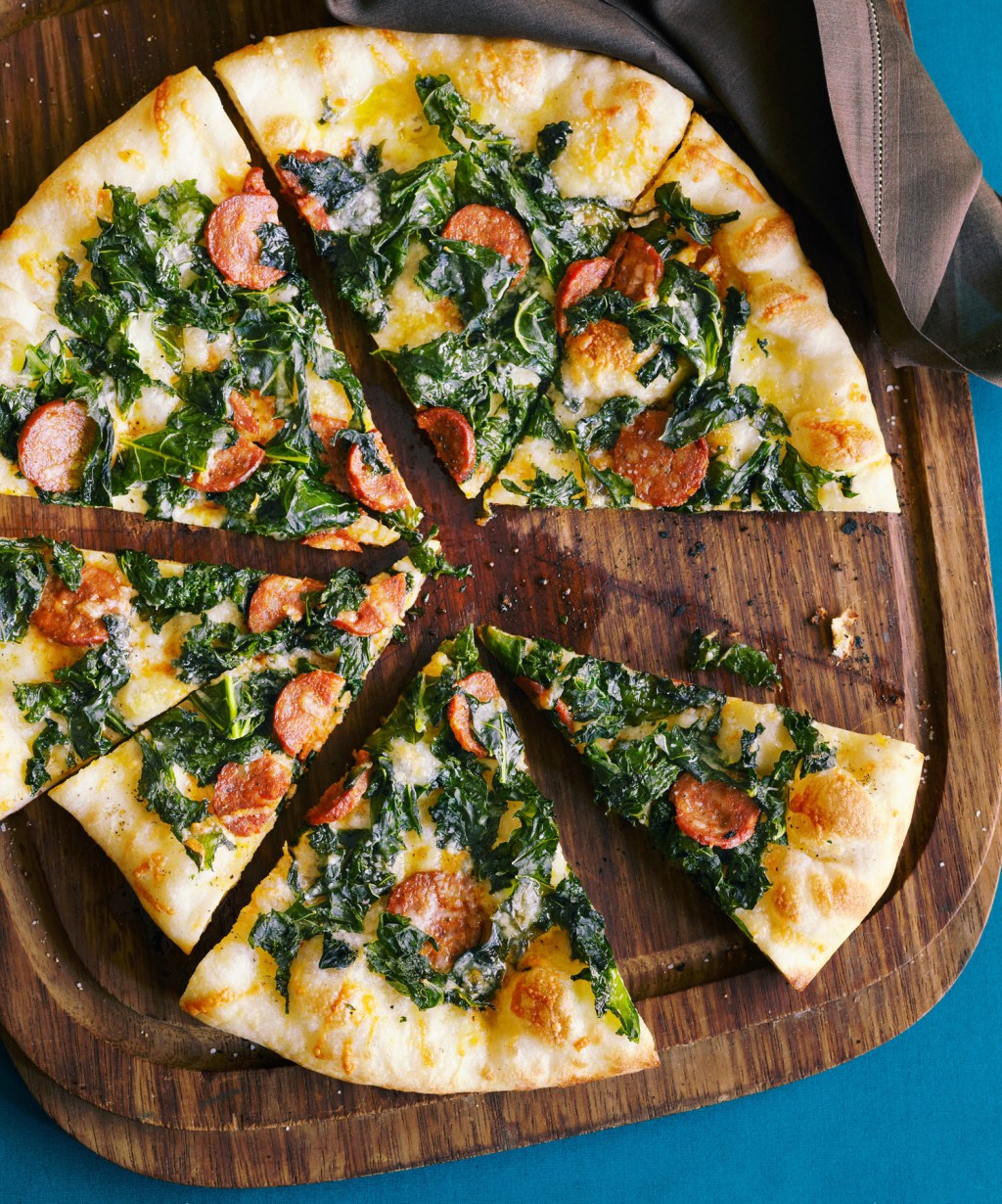 Kale, Chorizo, and Manchego Pizza