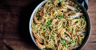 Spaghetti with Spring Peas and Shrimp Scampi