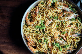 Spaghetti with Spring Peas and Shrimp Scampi