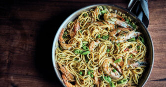 Spaghetti with Spring Peas and Shrimp Scampi