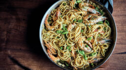 Spaghetti with Spring Peas and Shrimp Scampi