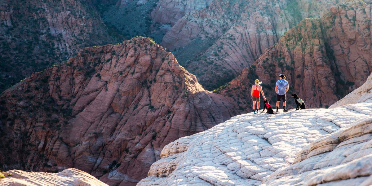 Hiking couple and dogs at Zion National Park, courtesy of Greater Zion Convention & Tourism Office